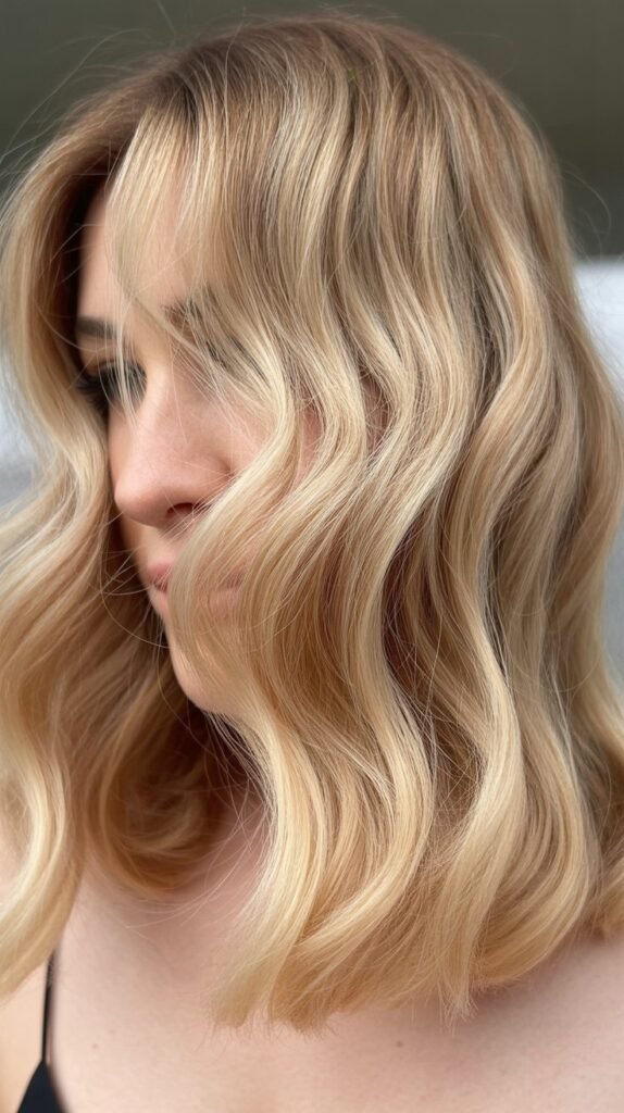 Wavy Blonde with Micro Curtain Bangs