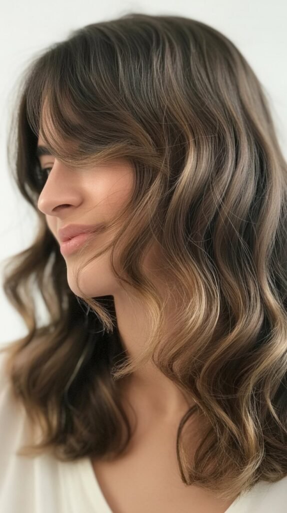 Shoulder-Length Waves with Side-Swept Bangs