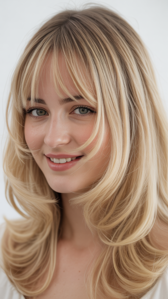 Baby Bangs with Shoulder-Length Blonde Hair
