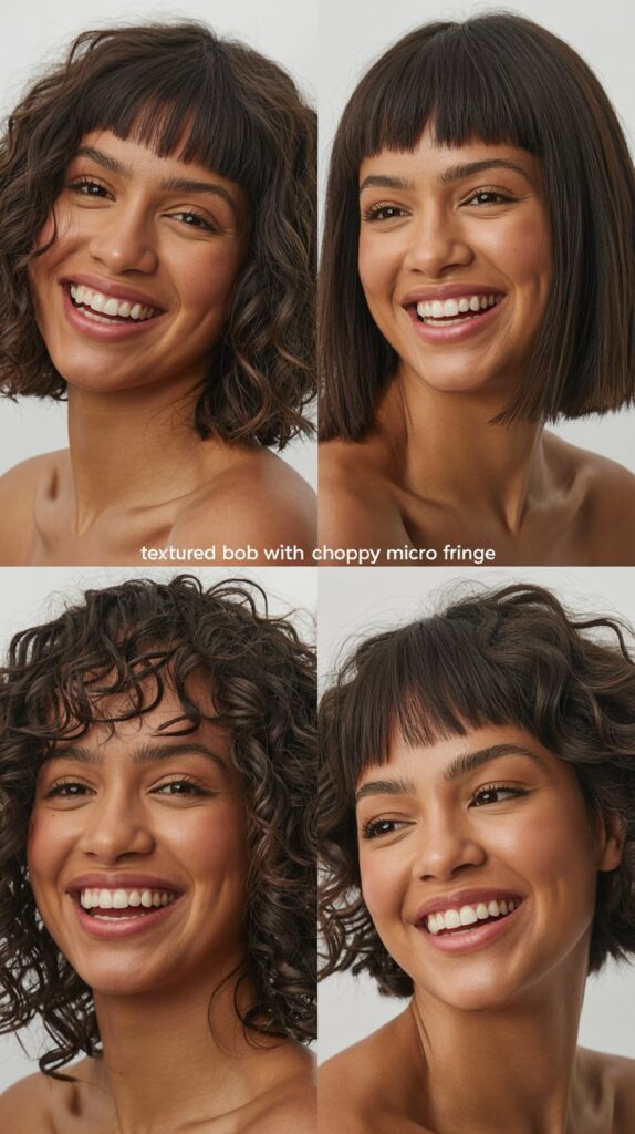 30 Stunning Medium Haircuts With Bangs for Thin Hair That Add Fullness 14 Textured Bob with Choppy Micro Fringe