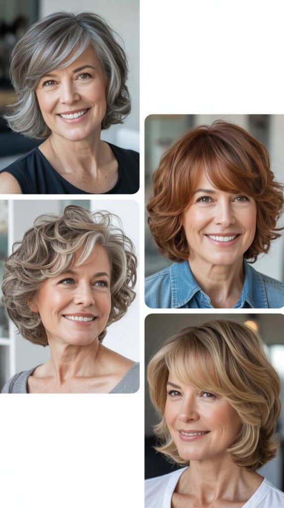 34 Short Bob Hairstyles with Bangs for Women Over 50 That Soften Features 2 Layered Bob with Side-Swept Bangs