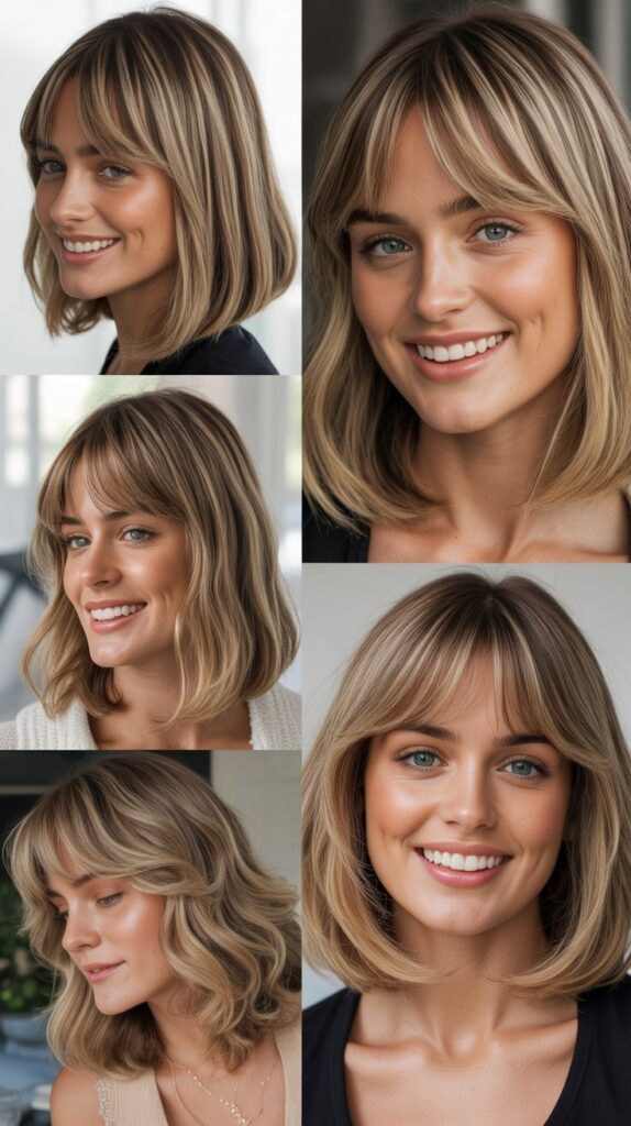 Long Bob With Curtain Bangs And Highlights