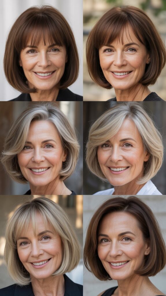 34 Short Bob Hairstyles with Bangs for Women Over 50 That Soften Features 15 Sleek Bob with Middle-Parted Bangs