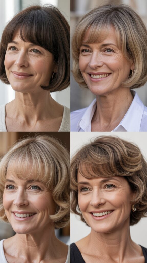 34 Short Bob Hairstyles with Bangs for Women Over 50 That Soften Features 12 Soft Bob with Arched Bangs