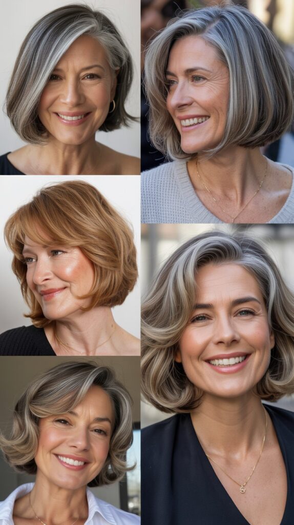 42 Soft and Elegant Bob Styles for Fine, Thin Hair After 50 17 a smiling woman with '' Tucked-Behind-Ear Bob '' different natural hairstyles look 4 image collage for Women Over 50