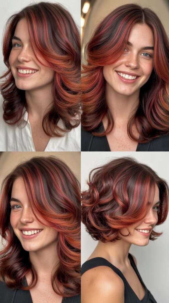 Layered Hair with Red Balayage