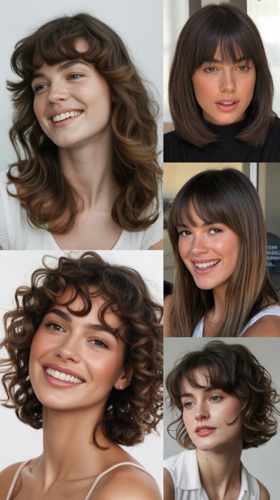 27 Best Medium Haircuts With Bangs That Instantly Transform Your Look 9 Voluminous Shoulder-Length Cut with Full Bangs