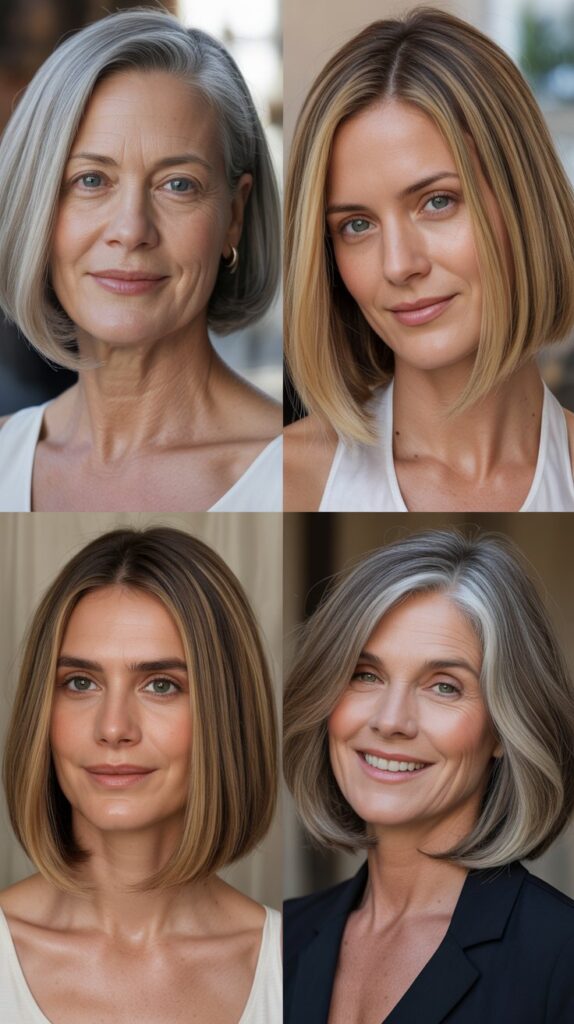 37 Fresh Short Bob Ideas for Women 50+ with Delicate Hair 13 Sleek Straight Bob with Middle Part