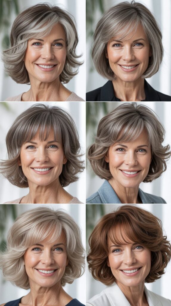 34 Short Bob Hairstyles with Bangs for Women Over 50 That Soften Features 31 Dimensional Bob with Layered Bangs