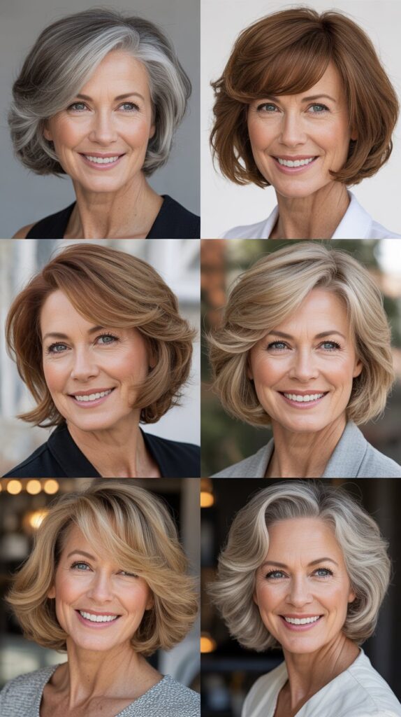 34 Short Bob Hairstyles with Bangs for Women Over 50 That Soften Features 30 Tapered Bob with Wispy Side-Swept Bangs