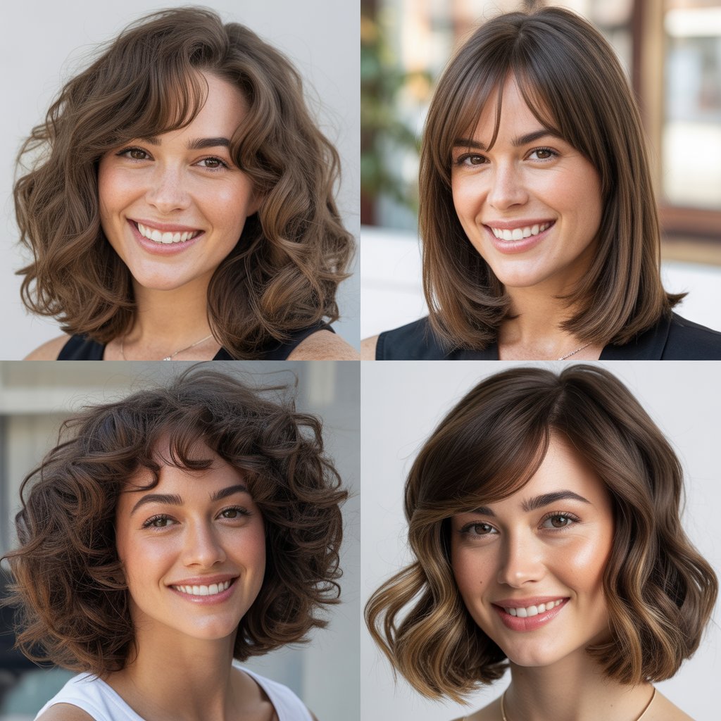 Face-Framing Layers with Side-Swept Bangs for Round Faces