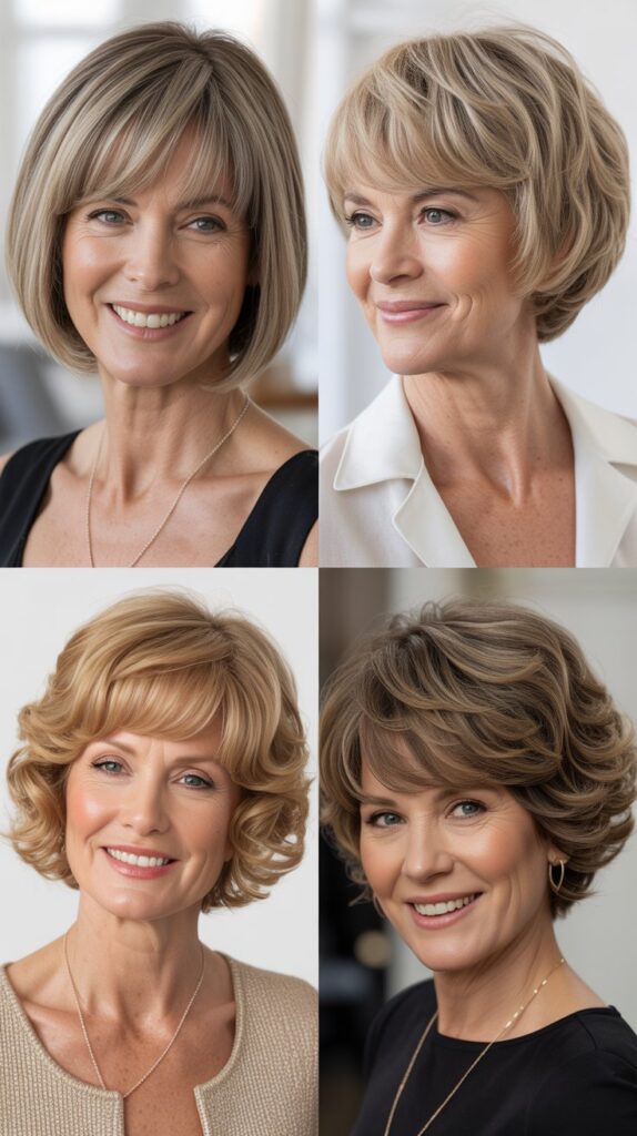 34 Short Bob Hairstyles with Bangs for Women Over 50 That Soften Features 8 Stacked Bob with Feathered Bangs