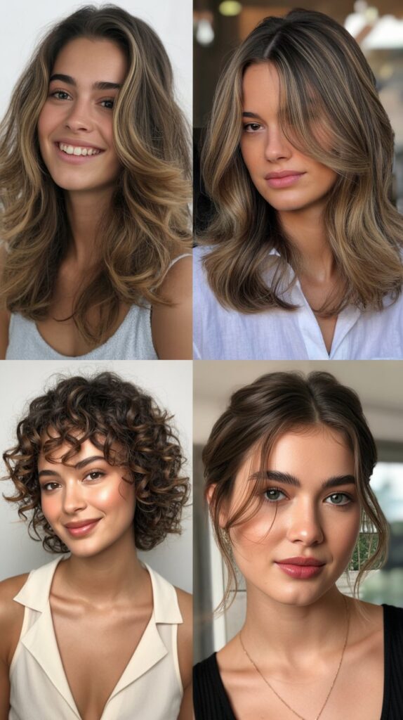 a smiling woman with ''  Layered Hair with Babylights ''different natural hairstyles look 4 image collage