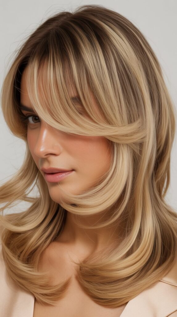 Rooted Blonde with Curtain Bangs