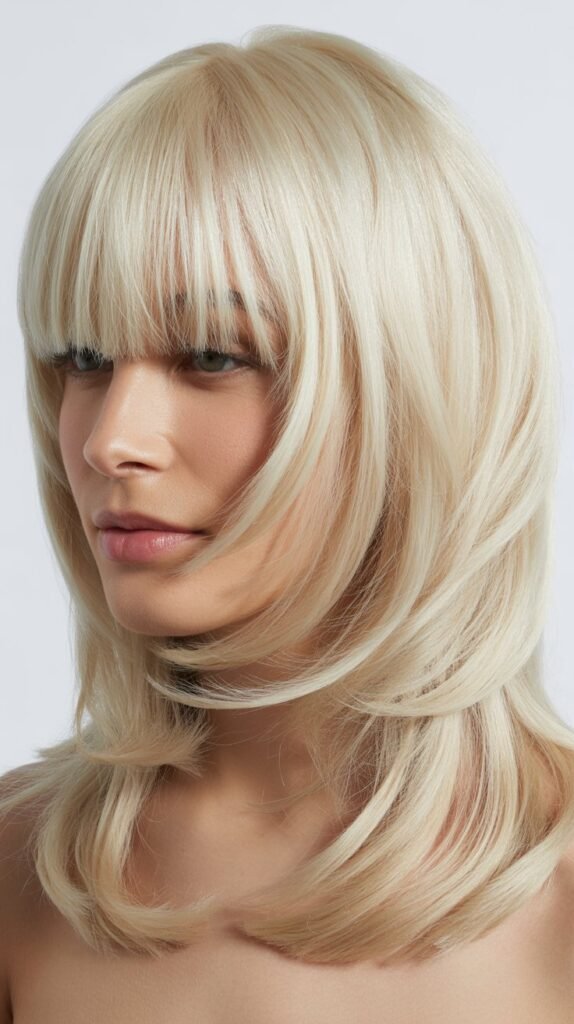 Blunt Bangs with Icy White Blonde Precision Layers