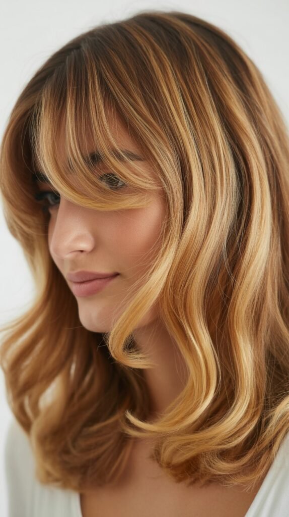 Honey Blonde Balayage with Face-Framing Curtain Bangs