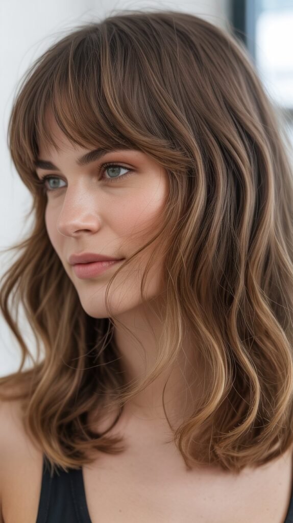 Tousled Midi Length with Brow-Skimming Bangs