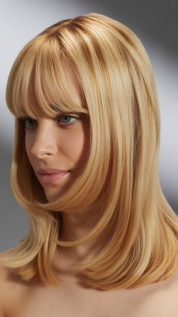 Sleek Blonde with Curtain Bangs and Middle Part