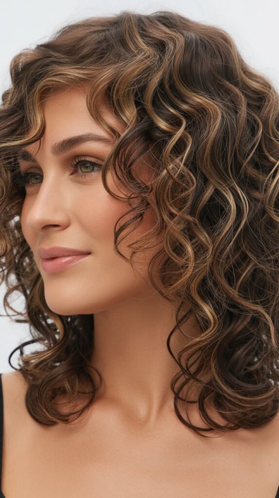 Layered Curly Lob with Side Part