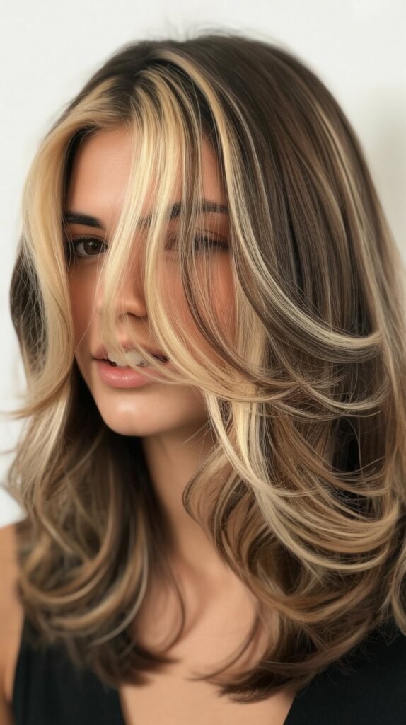 Layered Hair with Money Piece Highlights