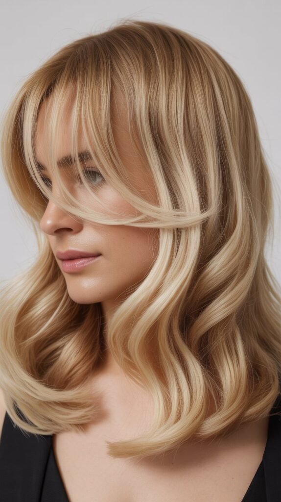 Medium-Length Blonde Hair with Side Bangs and Beachy Texture