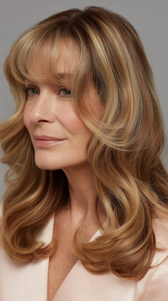  Long Curtain Bangs with Balayage Waves