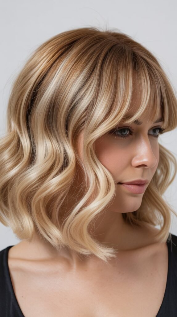 Wavy Blonde Bob with Side-Parted Curtain Bangs