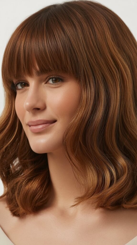Voluminous Shoulder-Length Cut with Full Bangs