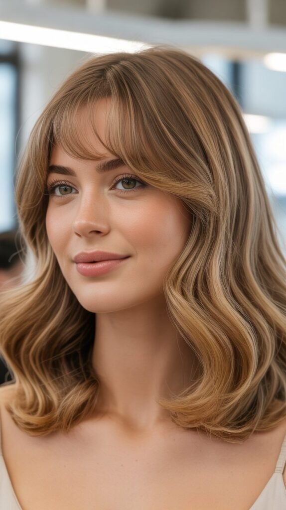 Baby Bangs with Collarbone-Length Waves