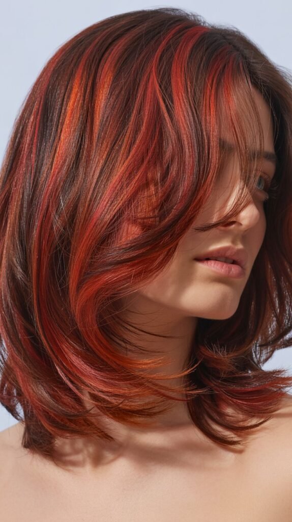 Layered Hair with Red Balayage