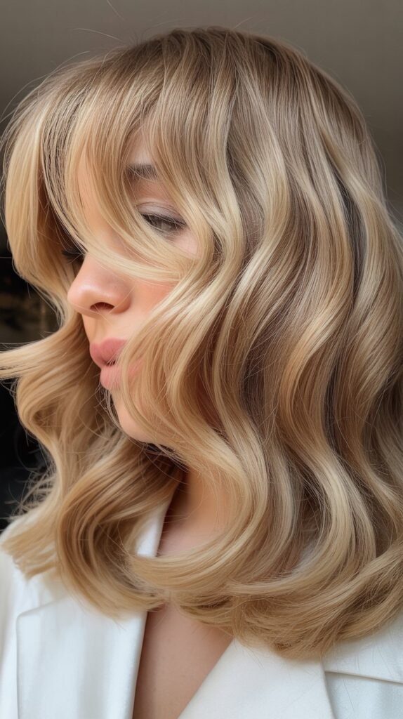 Textured Waves with Side-Swept Curtain Bangs