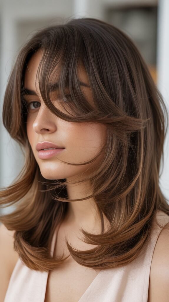 Curtain Bangs with Caramel Lowlights