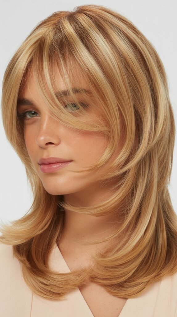  Toasted Coconut Blonde with Long Layers and Curtain Bangs