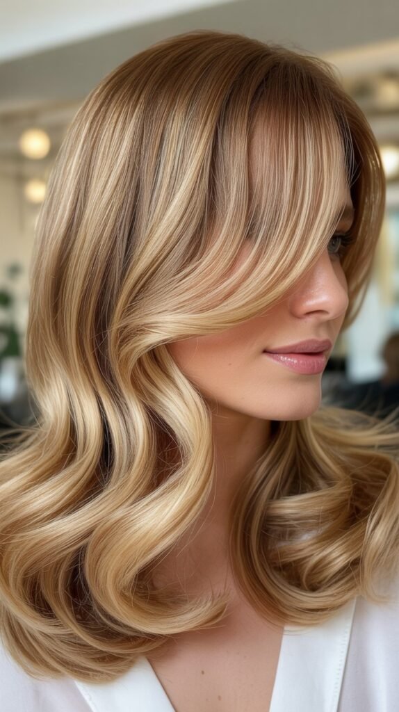 Side-Swept Bangs with Honey Blonde Highlights