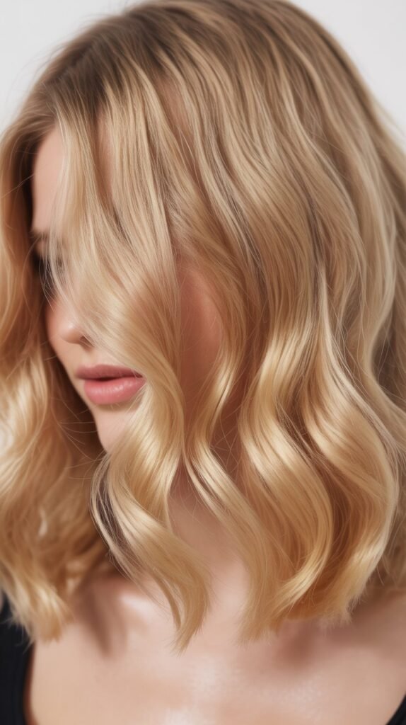 Wavy Champagne Blonde Lob with Lowlights