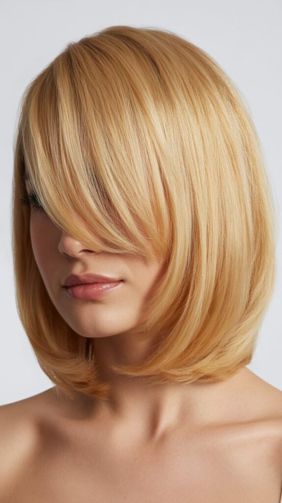 Medium Blonde Lob with Diagonal Side Bangs