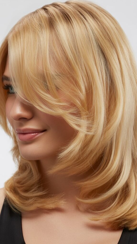 Medium Blonde Collarbone-Length Hair with Swoopy Side Bangs