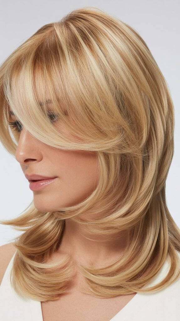 Layered Medium Blonde Hair with Feathered Side Bangs