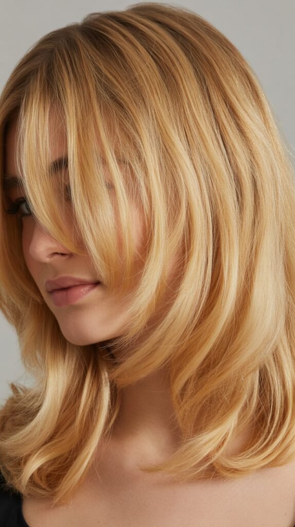 Medium-Length Honey Blonde Hair with Wispy Side Bangs