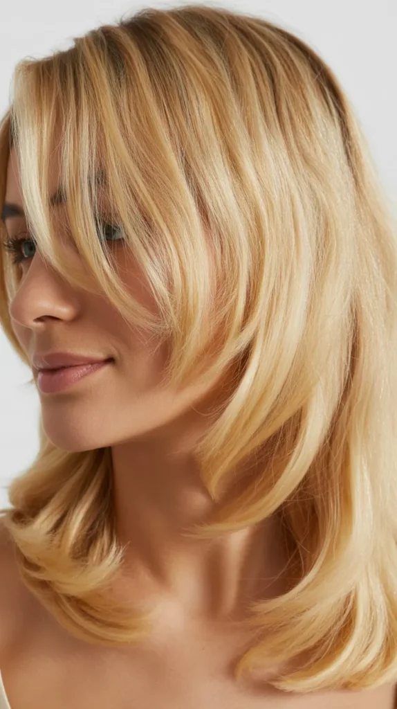 34 Chic Medium-Length Blonde Hair with Side Bangs That Looks Polished