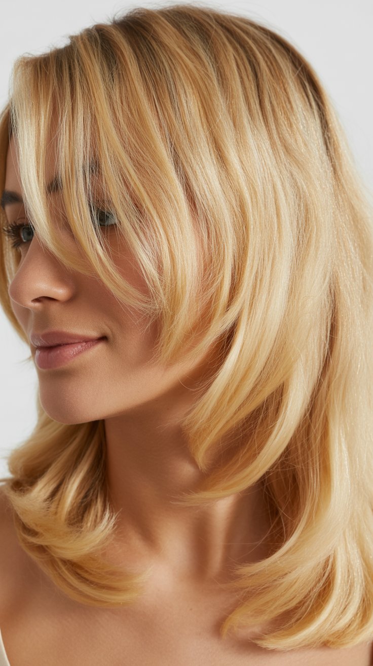 34 Chic Medium-Length Blonde Hair with Side Bangs That Looks Polished