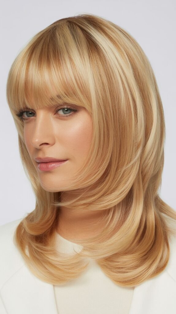 Blunt Bangs with Honey Blonde Soft Layers