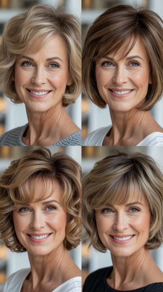 34 Short Bob Hairstyles with Bangs for Women Over 50 That Soften Features 3 Textured Bob with Wispy Bangs