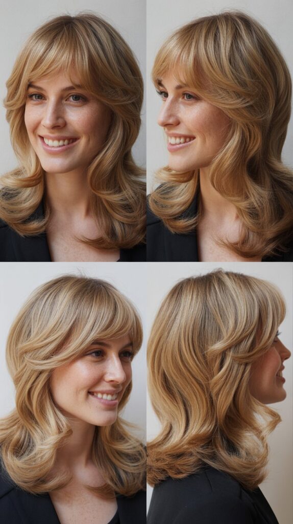 25 Stylish Mid-Length Hairstyles with Layers and Bangs That Look Expensive 22 Layered Waves with Curtain Fringe
