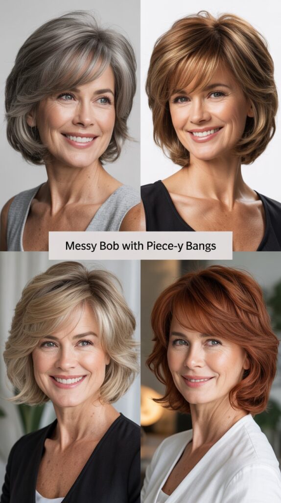 34 Short Bob Hairstyles with Bangs for Women Over 50 That Soften Features 26 Messy Bob with Piece-y Bangs