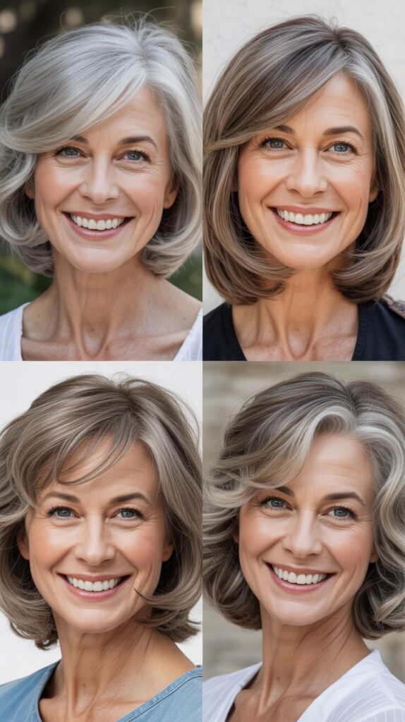 41 Modern Sassy Medium-Length Hairstyles for Older Women to Try Now 1 The Classic Layered Lob with Side-Swept Bangs