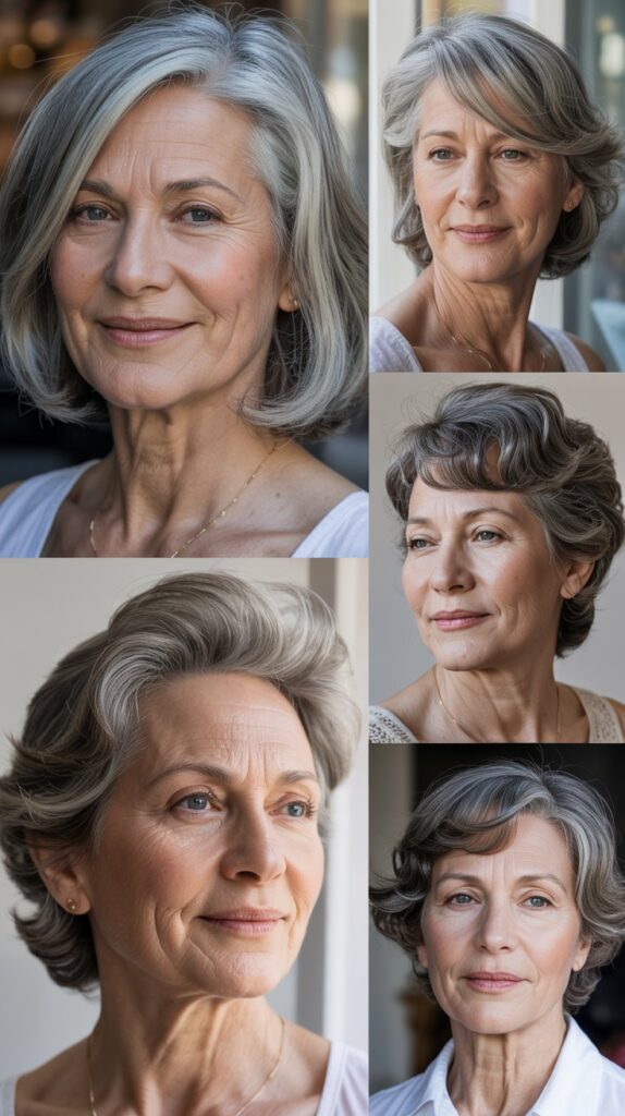 27 Must-Try Hairstyles for Women Over 60 with Fine Medium-Length Straight Hair 9 Center-Parted Sleek Style