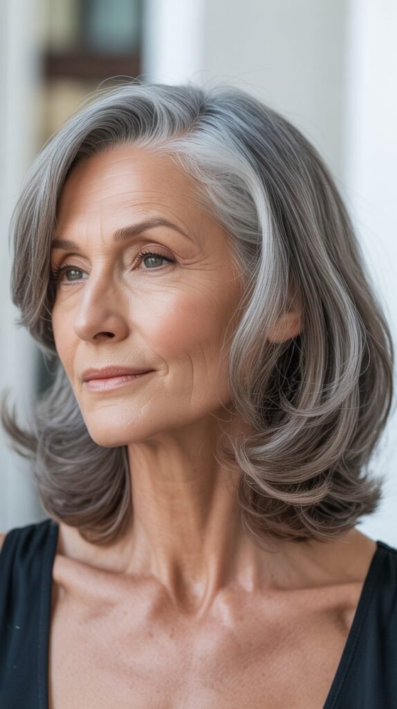 Side-Parted Gray Lob with Beachy Waves