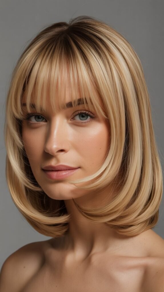 Blonde Bob with Curtain Bangs and Curl