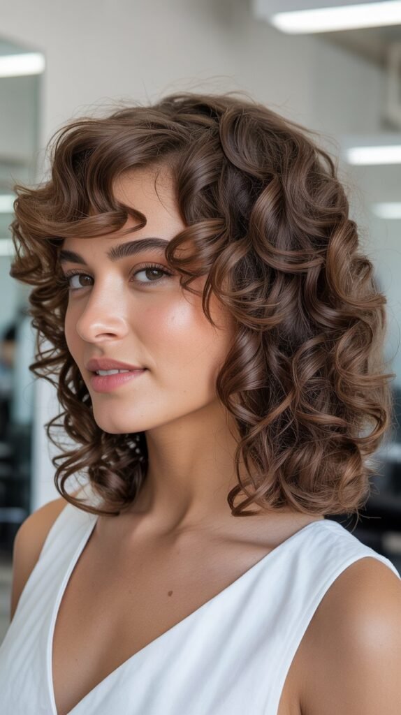 Medium Curly Hair With Side-Swept Curly Fringe